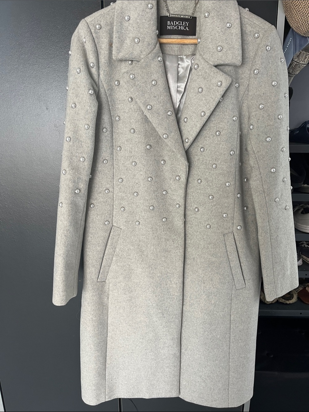 Badgley Mischka Light Gray Pearl-Embellished Wool Coat
